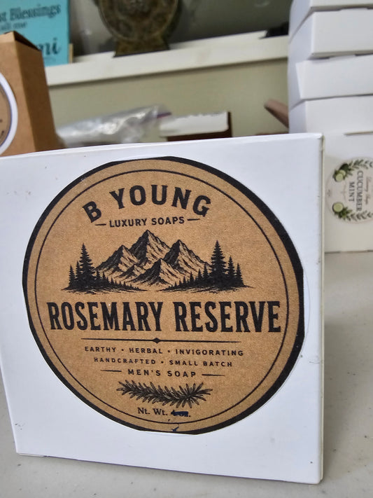 White B Young soap box with a botanical Rosemary Reserve label.