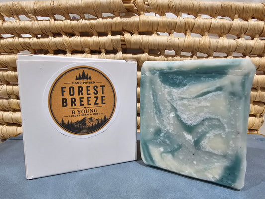 Teal-and-cream Forest Breeze Goat Milk Soap bar beside its branded white box.